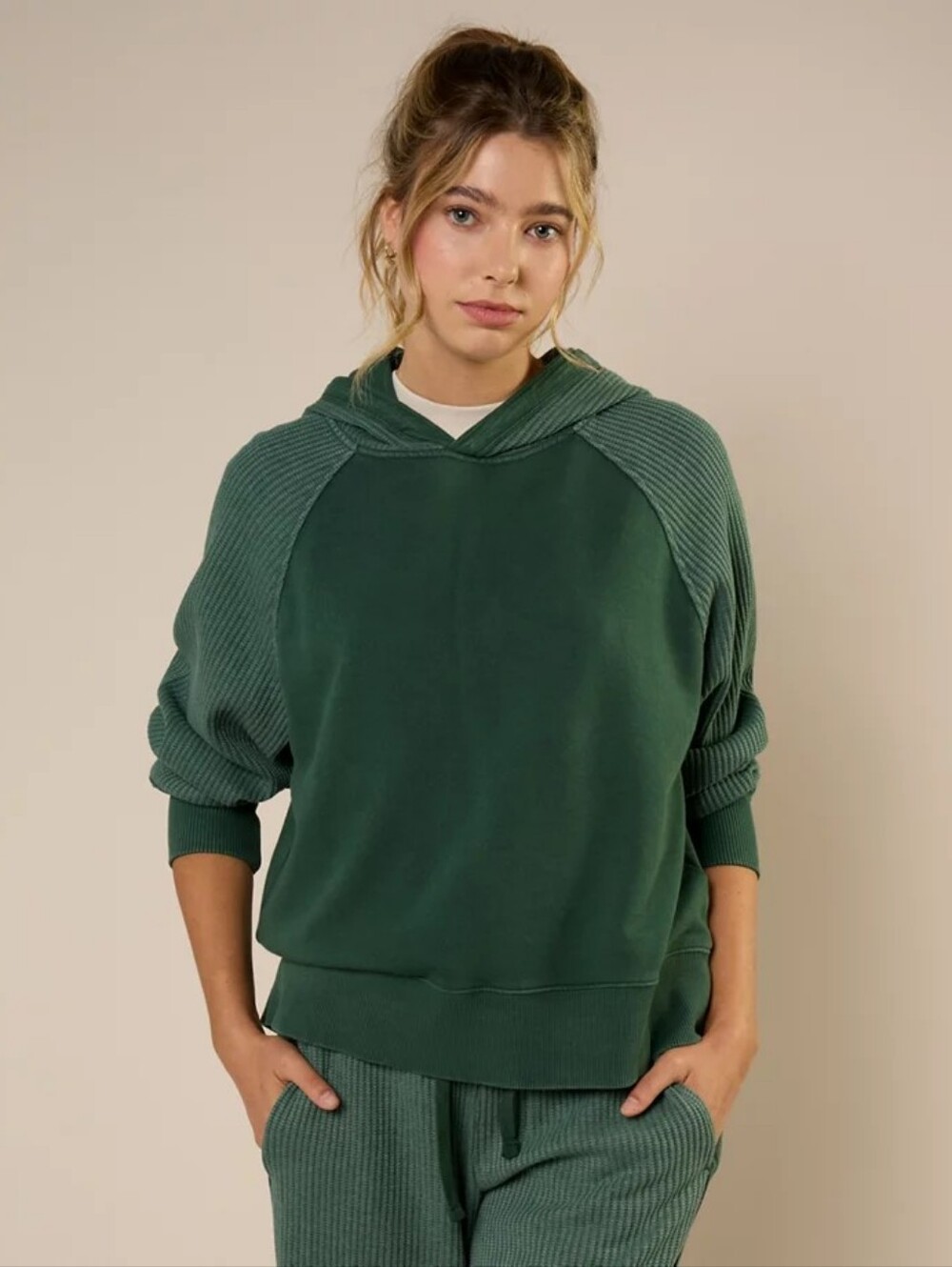 Aerie Essential Green Waffle Knit Relaxed Hoodie Casual Lounge Travel - Size XL